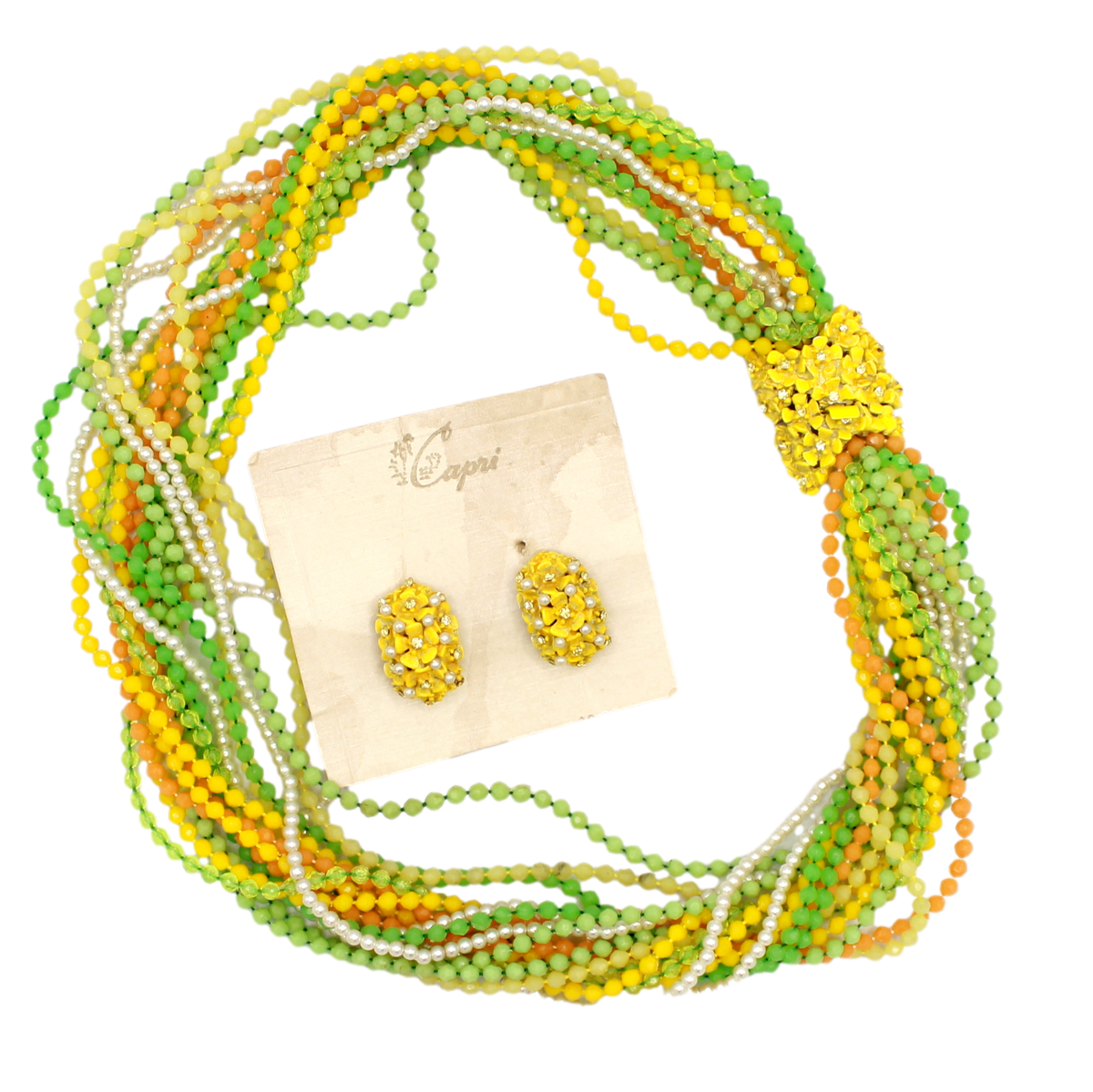 Vintage Capri Yellow Green Bead Rhinestone Necklace Earrings Set