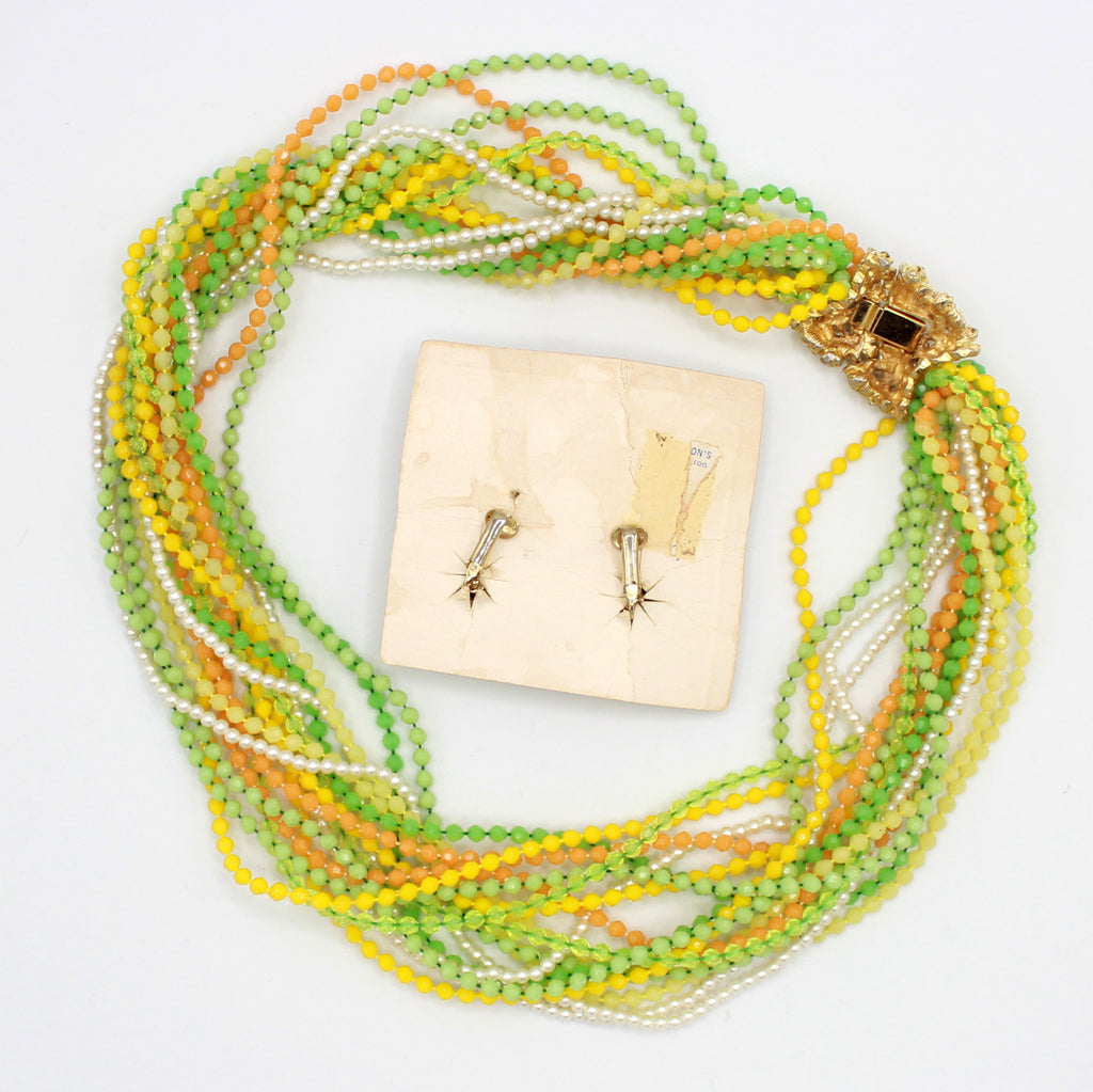 Vintage Capri Yellow Green Bead Rhinestone Necklace Earrings Set