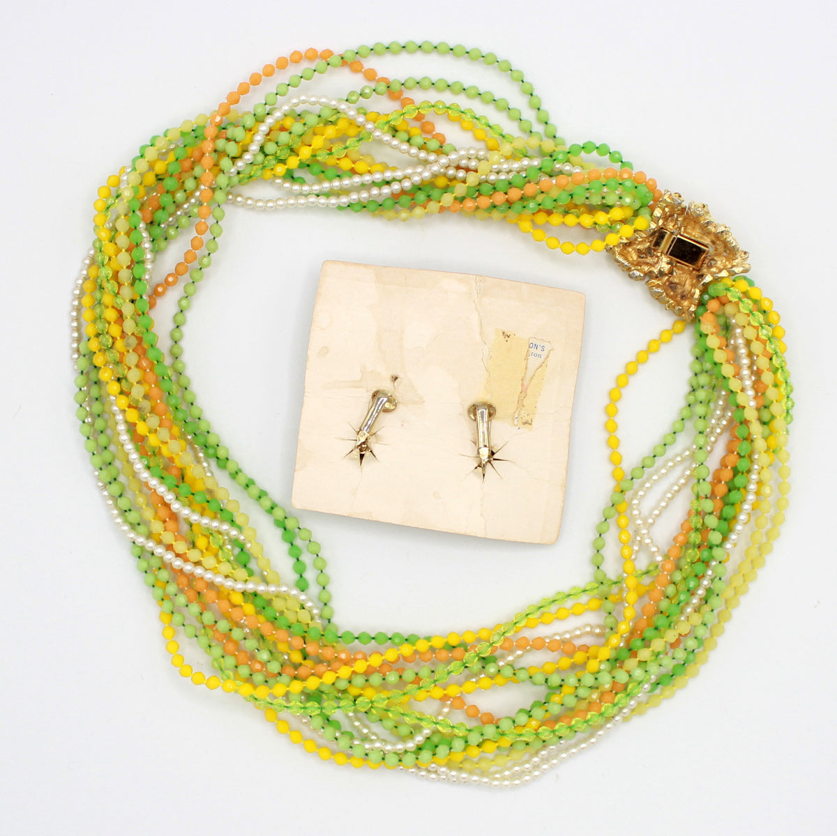 Vintage Capri Yellow Green Bead Rhinestone Necklace Earrings Set