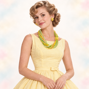 Vintage Capri Yellow Green Bead Rhinestone Necklace Earrings Set