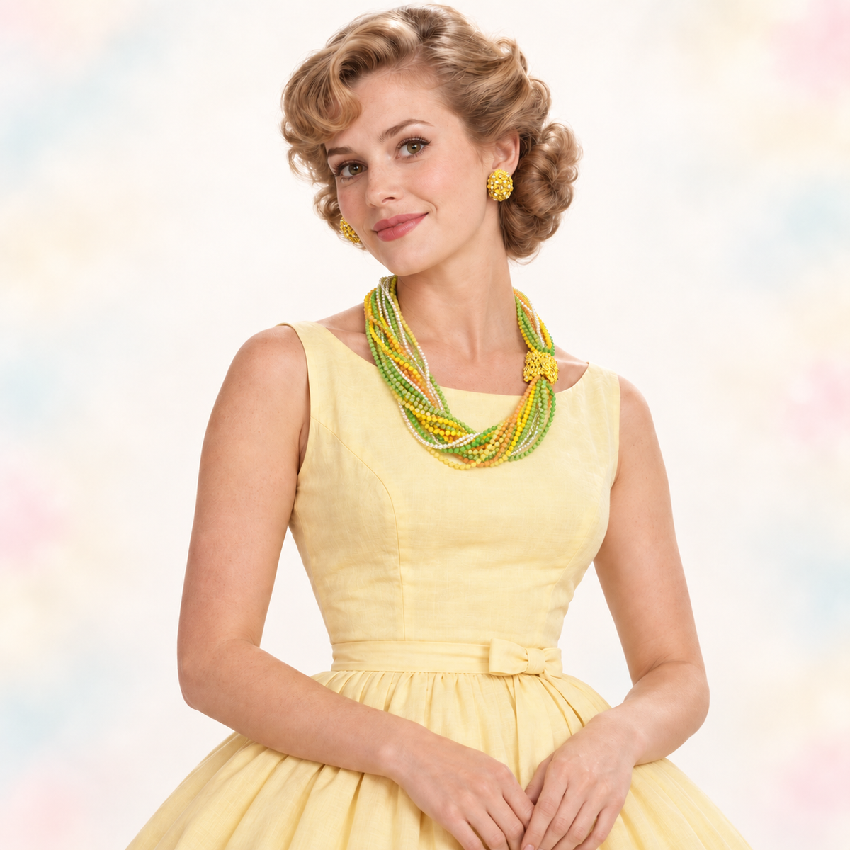 Vintage Capri Yellow Green Bead Rhinestone Necklace Earrings Set