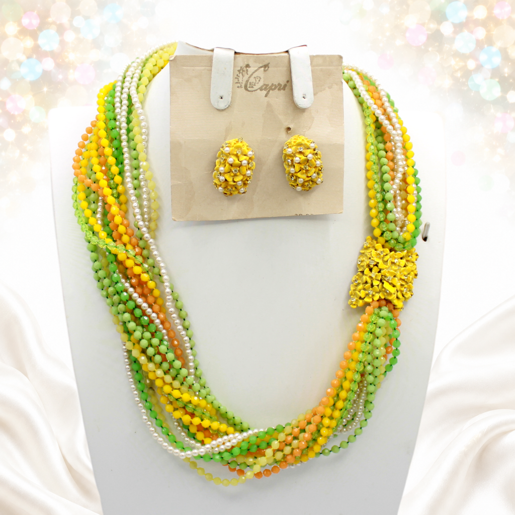 Vintage Capri Yellow Green Bead Rhinestone Necklace Earrings Set