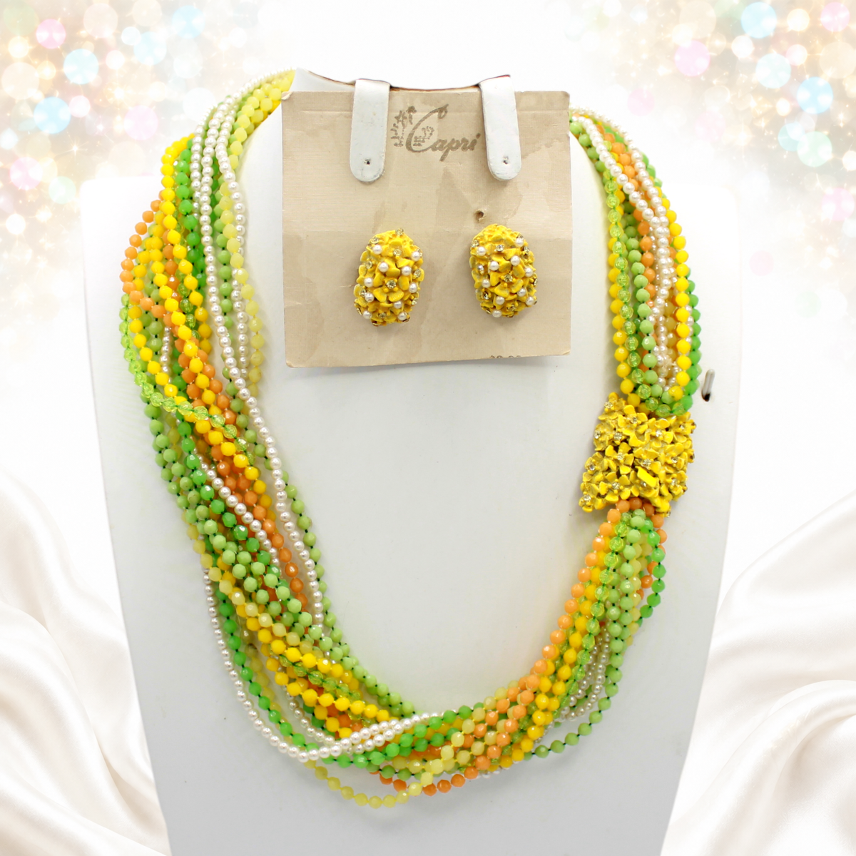Vintage Capri Yellow Green Bead Rhinestone Necklace Earrings Set